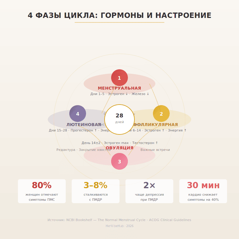 Цикл и настроение: как гормоны рулят твоей жизнью и что с этим делать 4 4 фазы менструального цикла: гормоны и настроение — инфографика