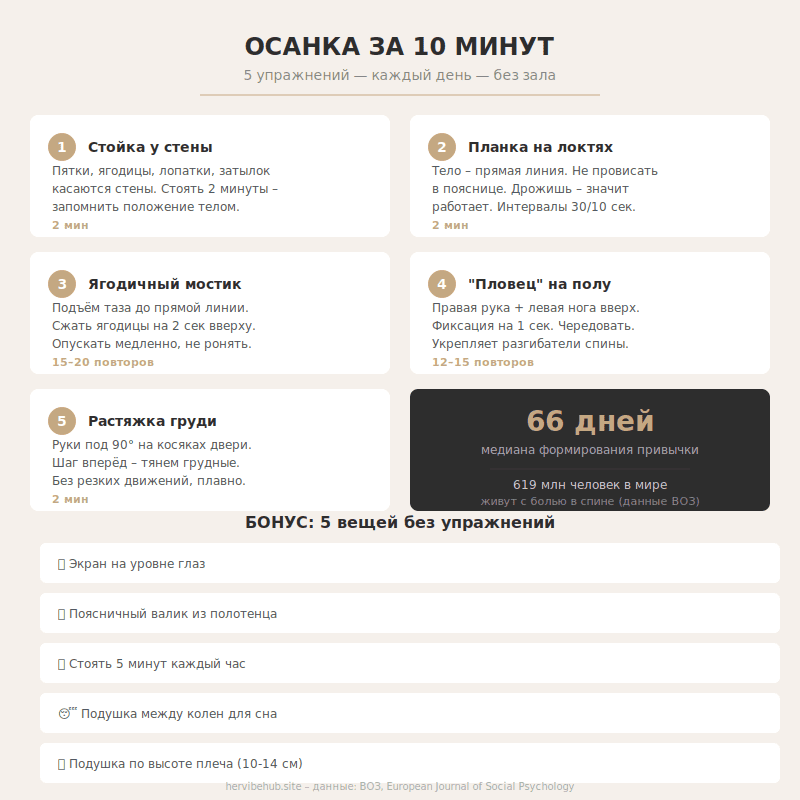 Postawa w 10 minut dziennie: 5 ćwiczeń na plecy bez siłowni 7 Infografika: 5 ćwiczeń na postawę w 10 minut